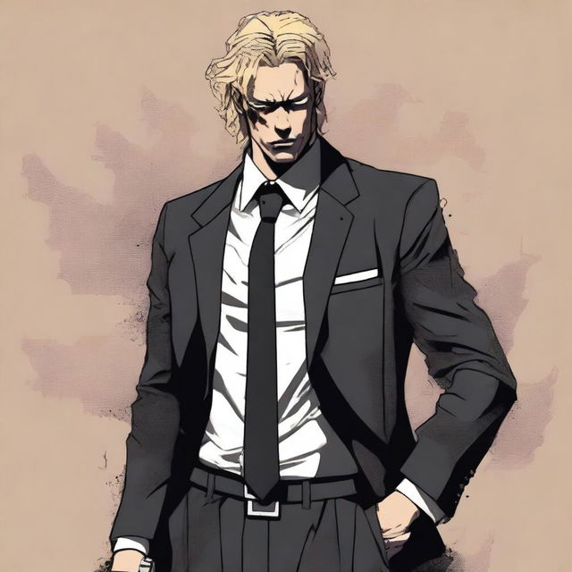 A scowling young man with long dirty-blonde hair and fair skin, decked out in a dirt-smudged black three-piece suit, clutching a pistol with resolve