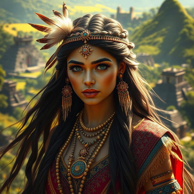 A stunning portrayal of a beautiful ancient princess from the Americas, wearing intricate traditional attire with vibrant colors and detailed patterns