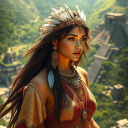 A stunning portrayal of a beautiful ancient princess from the Americas, wearing intricate traditional attire with vibrant colors and detailed patterns