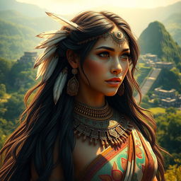 A stunning portrayal of a beautiful ancient princess from the Americas, wearing intricate traditional attire with vibrant colors and detailed patterns