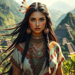 A stunning portrayal of a beautiful ancient princess from the Americas, wearing intricate traditional attire with vibrant colors and detailed patterns