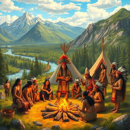 A vibrant and engaging scene depicting American people from ancient times, showcasing their diverse attire and cultural practices