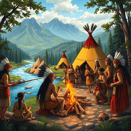 A vibrant and engaging scene depicting American people from ancient times, showcasing their diverse attire and cultural practices