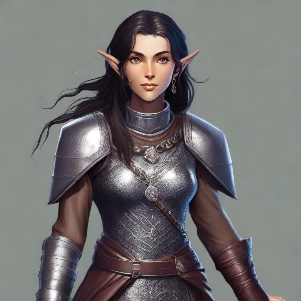 A half-elf female with tawny skin and black hair, clad in chain mail, stands radiantly