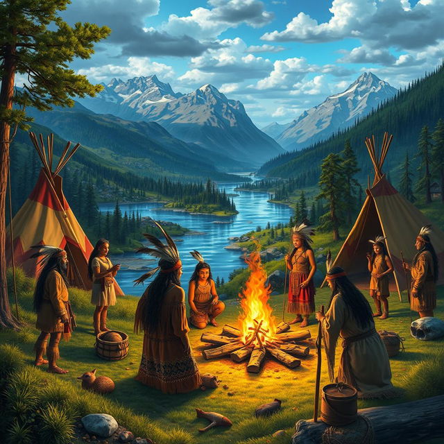 A vibrant and engaging scene depicting American people from ancient times, showcasing their diverse attire and cultural practices