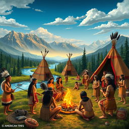 A vibrant and engaging scene depicting American people from ancient times, showcasing their diverse attire and cultural practices