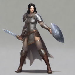 A half-elf female with tawny skin and black hair, clad in chain mail, stands radiantly