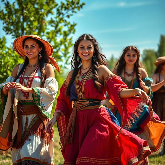 A stunning and vibrant scene featuring American women dressed in ancient attire, showcasing traditional clothing styles inspired by Native American or early colonial designs