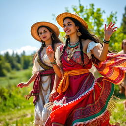 A stunning and vibrant scene featuring American women dressed in ancient attire, showcasing traditional clothing styles inspired by Native American or early colonial designs
