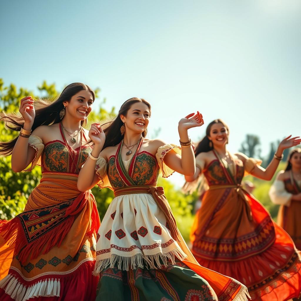 A stunning and vibrant scene featuring American women dressed in ancient attire, showcasing traditional clothing styles inspired by Native American or early colonial designs