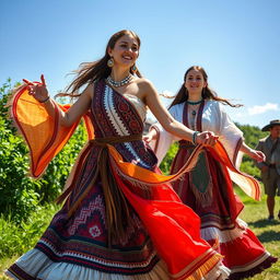 A stunning and vibrant scene featuring American women dressed in ancient attire, showcasing traditional clothing styles inspired by Native American or early colonial designs