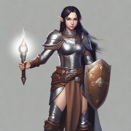 A half-elf female with tawny skin and black hair, clad in chain mail, stands radiantly