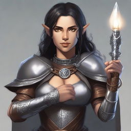 A half-elf female with tawny skin and black hair, clad in chain mail, stands radiantly