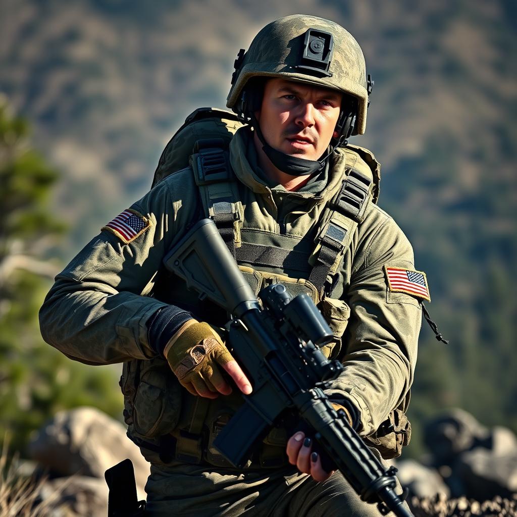 An American soldier in a dynamic, action-packed pose, wearing a modern military uniform with patches and gear