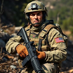 An American soldier in a dynamic, action-packed pose, wearing a modern military uniform with patches and gear