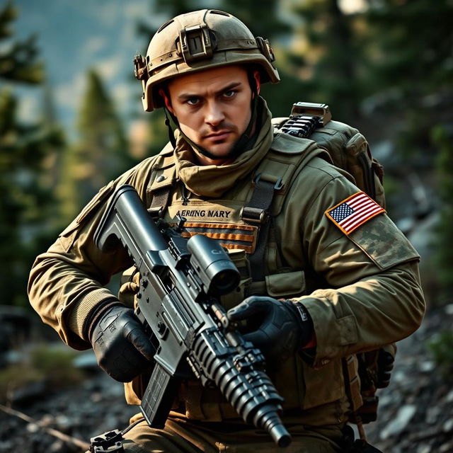 An American soldier in a dynamic, action-packed pose, wearing a modern military uniform with patches and gear