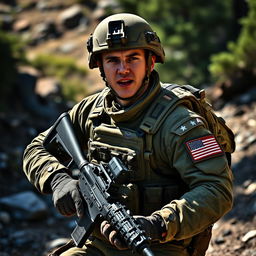 An American soldier in a dynamic, action-packed pose, wearing a modern military uniform with patches and gear