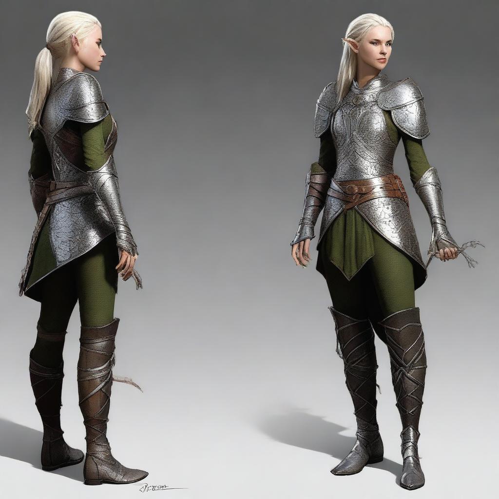 A versatile shapeshifter seamlessly morphs into a female elf, dressed in meticulously detailed heavy plate armor.