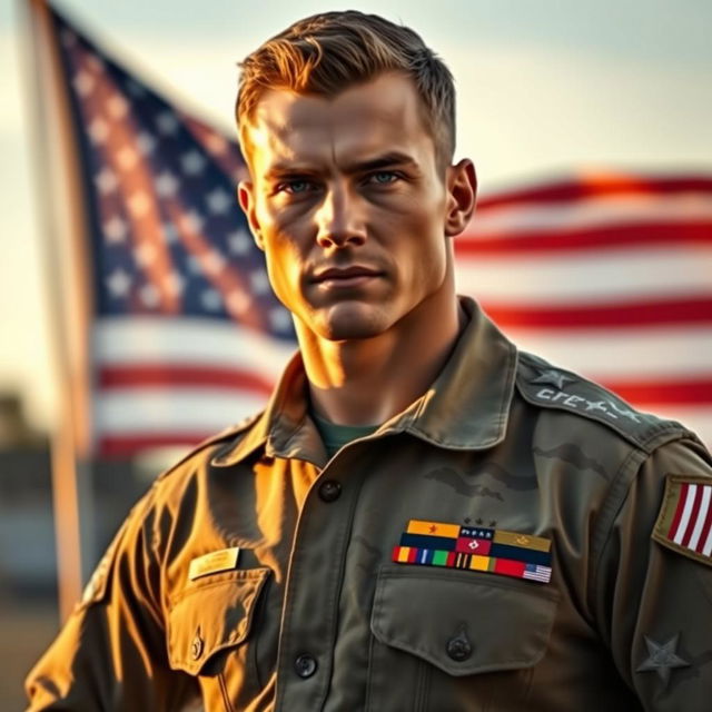 A strikingly handsome American soldier in a military uniform, confidently standing with a powerful posture