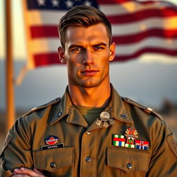 A strikingly handsome American soldier in a military uniform, confidently standing with a powerful posture