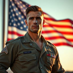 A strikingly handsome American soldier in a military uniform, confidently standing with a powerful posture