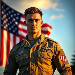 A strikingly handsome American soldier in a military uniform, confidently standing with a powerful posture