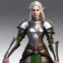 A versatile shapeshifter seamlessly morphs into a female elf, dressed in meticulously detailed heavy plate armor.