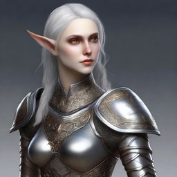 A versatile shapeshifter seamlessly morphs into a female elf, dressed in meticulously detailed heavy plate armor.