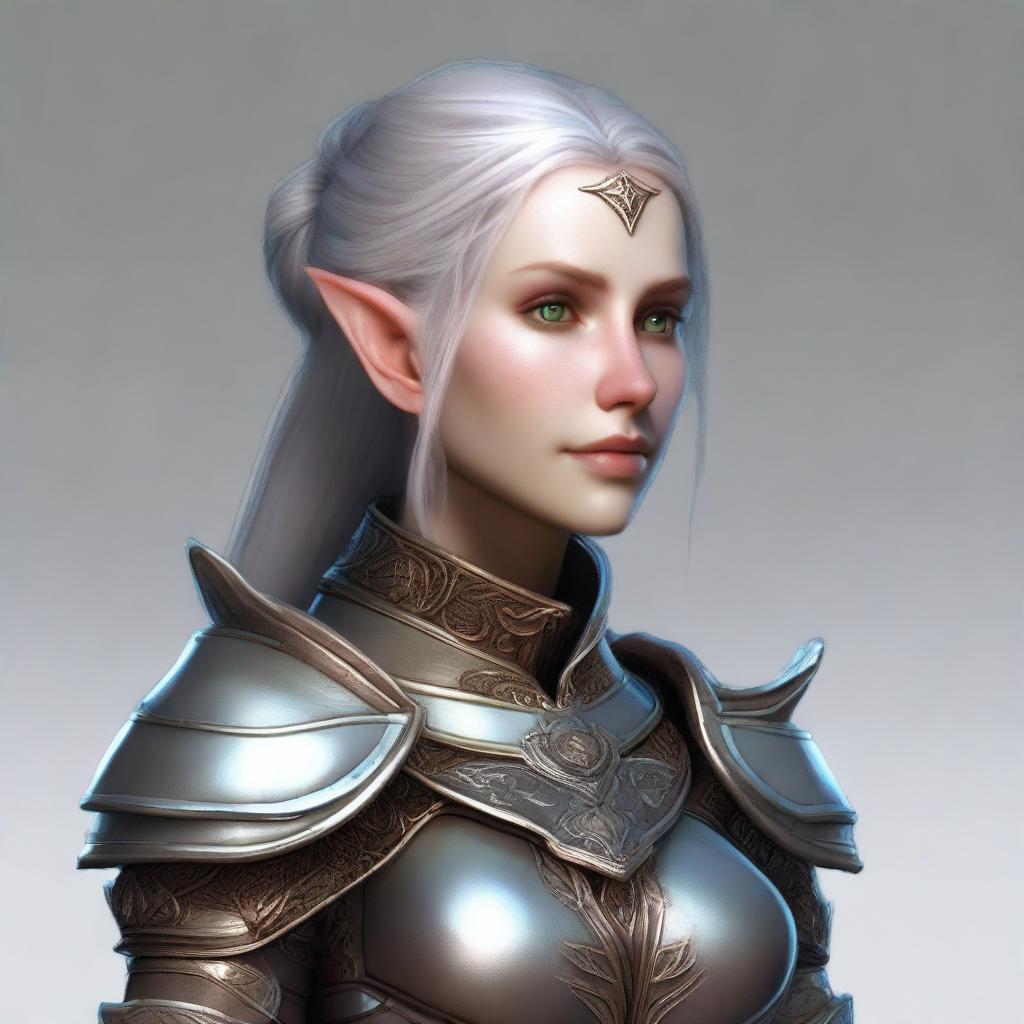 A versatile shapeshifter seamlessly morphs into a female elf, dressed in meticulously detailed heavy plate armor.