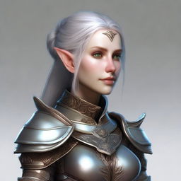 A versatile shapeshifter seamlessly morphs into a female elf, dressed in meticulously detailed heavy plate armor.