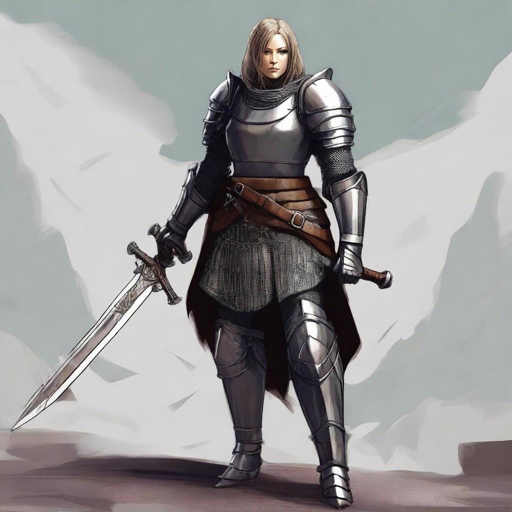 A tenacious human female is clad in an intimidating, heavy plate mail armor, quite markedly carrying a formidable great sword