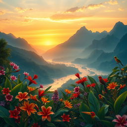 An enchanting scene inspired by the poetry of Irma Pineda and Natalia Toledo, depicting the lush landscape of the Isthmus region