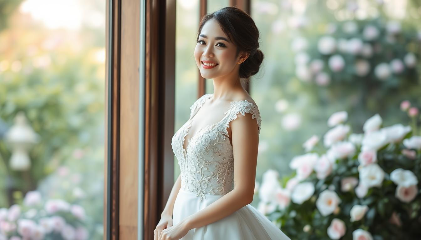 An Asian woman in an elegant wedding dress, showcasing delicate lace and intricate beading, stands gracefully with confidence