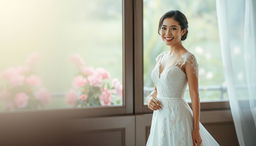 An Asian woman in an elegant wedding dress, showcasing delicate lace and intricate beading, stands gracefully with confidence