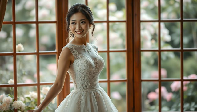 An Asian woman in an elegant wedding dress, showcasing delicate lace and intricate beading, stands gracefully with confidence