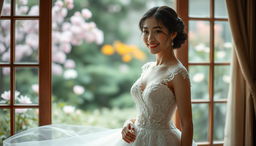 An Asian woman in an elegant wedding dress, showcasing delicate lace and intricate beading, stands gracefully with confidence