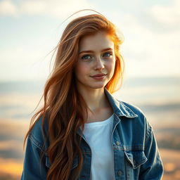 A stunning portrait of a young woman with long, flowing red hair, reminiscent of Sadie Sink