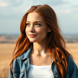 A stunning portrait of a young woman with long, flowing red hair, reminiscent of Sadie Sink