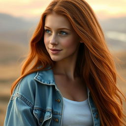 A stunning portrait of a young woman with long, flowing red hair, reminiscent of Sadie Sink