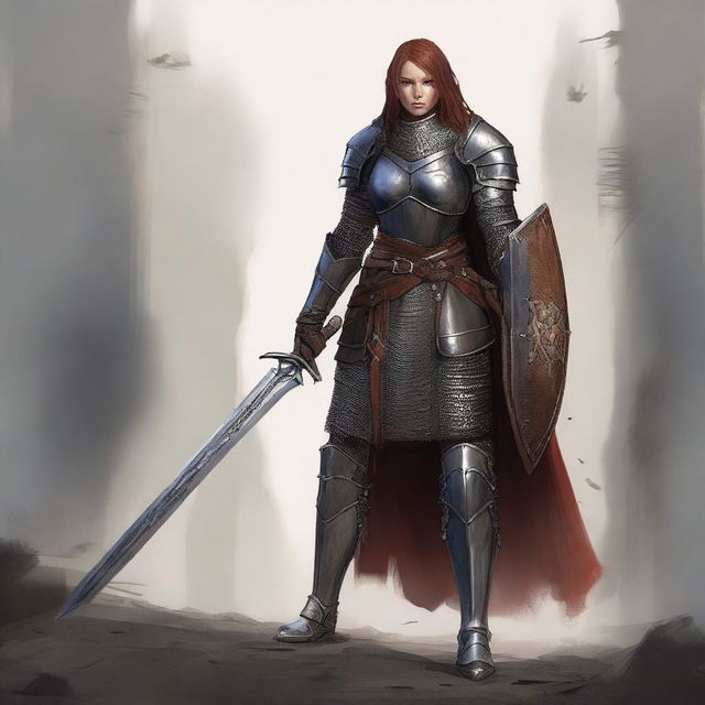 A tenacious human female is clad in an intimidating, heavy plate mail armor, quite markedly carrying a formidable great sword