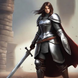 A resilient human female, clad in sturdy plate mail armor, wields a massive great sword in one hand, while gripping a robust shield in the other