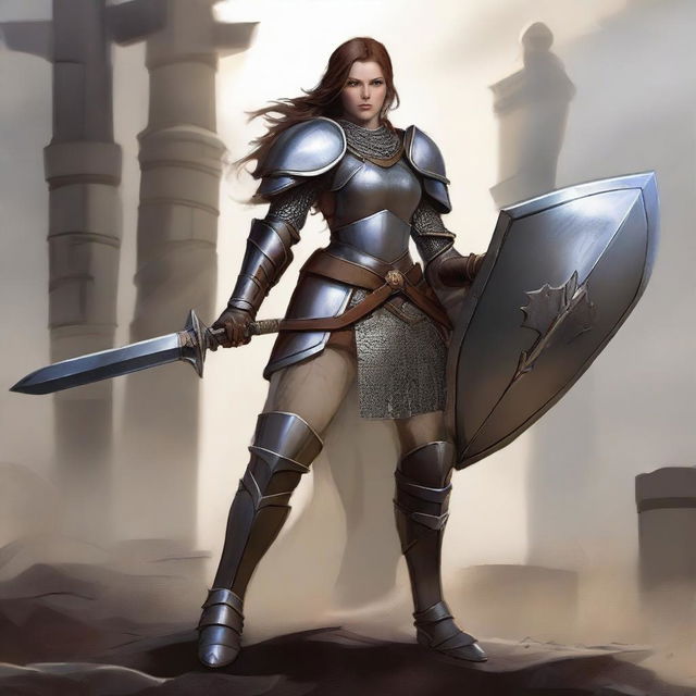 A resilient human female, clad in sturdy plate mail armor, wields a massive great sword in one hand, while gripping a robust shield in the other