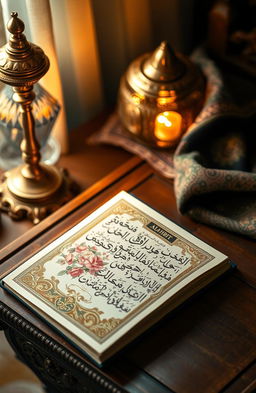 A traditional Arabic book titled "التثبيت" (Al-Tathbit) resting on an ornate wooden table
