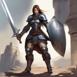 A resilient human female, clad in sturdy plate mail armor, wields a massive great sword in one hand, while gripping a robust shield in the other