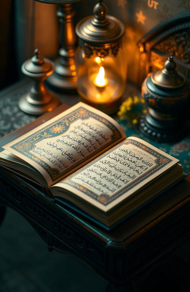 A traditional Arabic book titled "التثبيت" (Al-Tathbit) resting on an ornate wooden table