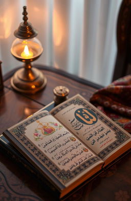 A traditional Arabic book titled "التثبيت" (Al-Tathbit) resting on an ornate wooden table