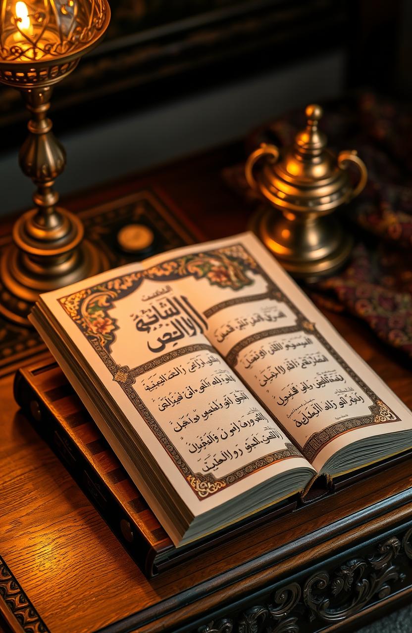 A traditional Arabic book titled "التثبيت" (Al-Tathbit) resting on an ornate wooden table