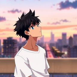 A male anime character gazing slightly upward with a thoughtful expression