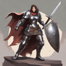 A resilient human female, clad in sturdy plate mail armor, wields a massive great sword in one hand, while gripping a robust shield in the other