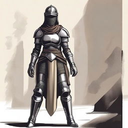 A resilient human female, outfitted in a suit of unyielding plate mail armor, her face veiled under the shadow of her imposing helmet